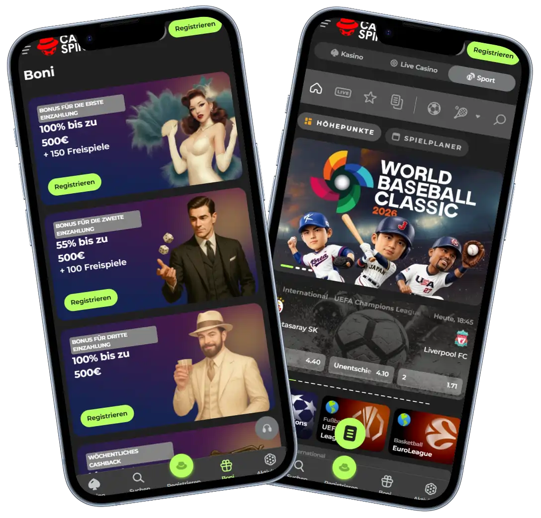 Capospin Casino mobile App mit Bonusangeboten und Sportwetten Bereich auf dem Smartphone