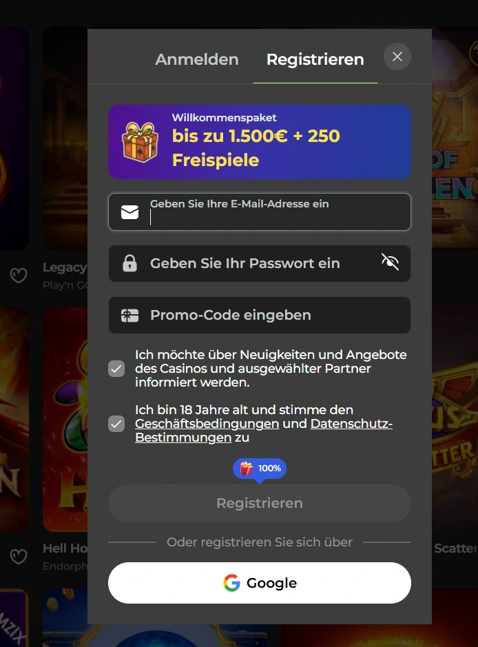 Capospin Casino Registrierungsformular mit Willkommensbonus bis zu 1500 Euro und Freispiele