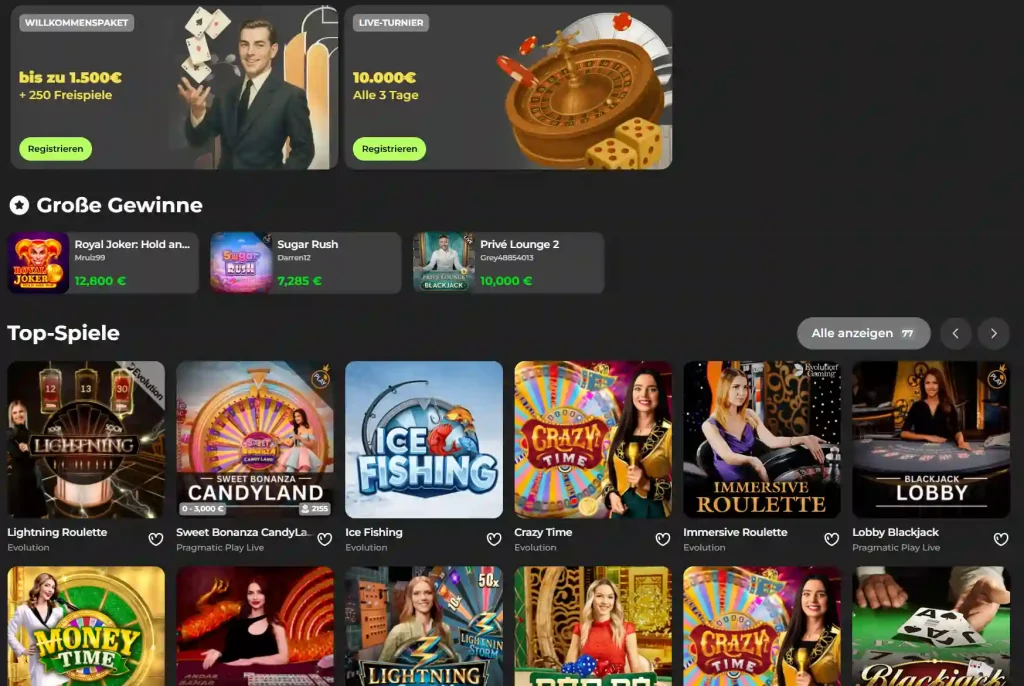 Capospin Casino Spieleübersicht mit Slots, Live Roulette und Blackjack