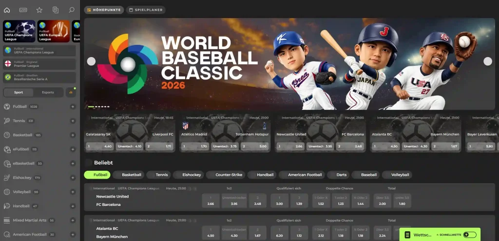 Capospin Casino Sportwetten Bereich mit Fußball Spielen und Quoten Übersicht